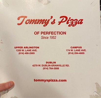 Tommy's Pizza box with locations