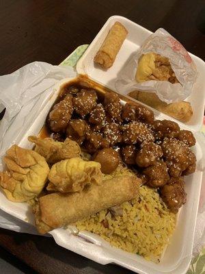 Sesame chicken, 3eggs and 10 crab Rangoon  A meal for 2 ppl