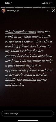 Business owner for the address she sent shared a PSA for Yanna's clientele.