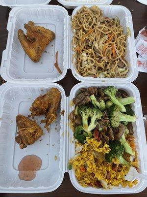 Chicken wings + house Special Lo mein + beef and broccoli with pork fried rice