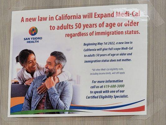 A new law in California will expand Medi-Cal to adults 50 years of age or older regardless of immigration status, stating May 1, 2022