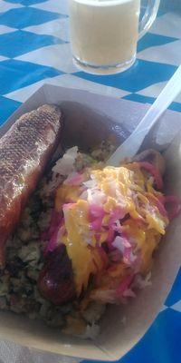 Bruat, kruat, potato salad and a pretzel by a vendor that caters