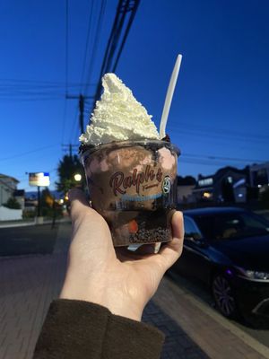 Chocolate Fudge brownie sundae, with chocolate and strawberry ice cream, and strawberry's added