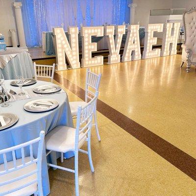 Baby Blue and Silver Quinceañera Decoration at Crystal Reception Hall.