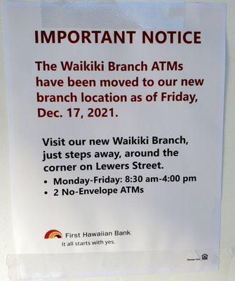 First Hawaiian Bank (Waikiki Branch) is moving around the corner on Lewers St. across from the Royal Hawaiian Shopping Center.