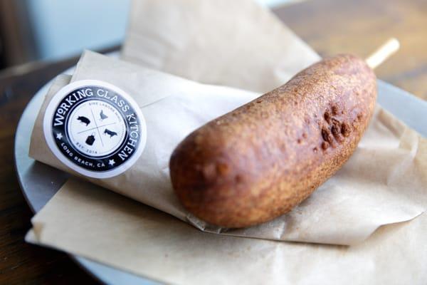 Blue Corndog $9 "andouille sausage, blue corn batter"