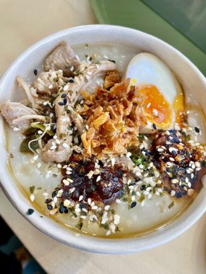 Congee with marinated chicken + jammy egg. I believe it's a rotating special. Soooo comforting