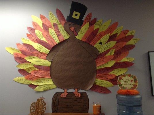 Our Gratitude Turkey! Sharing what we are thankful for!