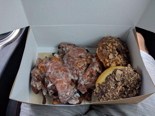 Apple fritter with Heath bar donuts (with caramel and chocolate frosting)