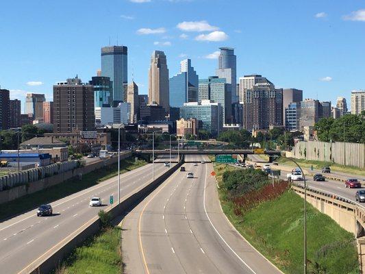 Unparalleled view of downtown Minneapolis. This view is looking North from the center of the bridge