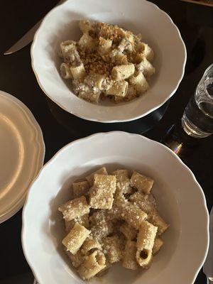 Roasted garlic rigatoni (bottom), pork rigatoni (top)