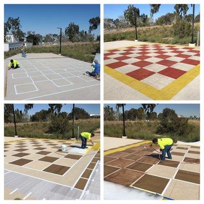 Sandblasting and staining checkerboard for CSUDH.