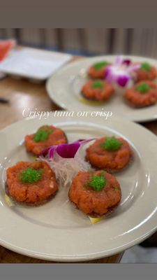 Not your typical tuna on crispy rice. Mini sushi pizza