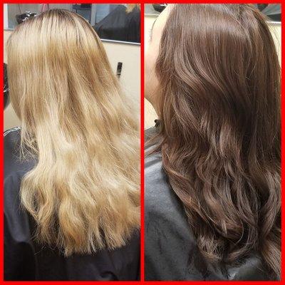 Tint back from brassy flat blonde to her natural beautiful brown