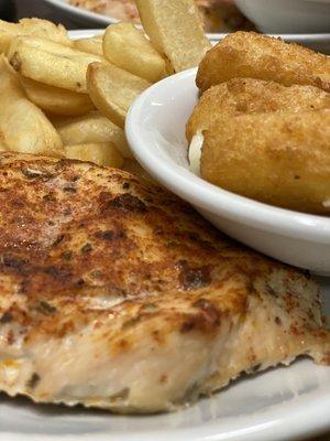 Baked chicken, cheese sticks and fries!