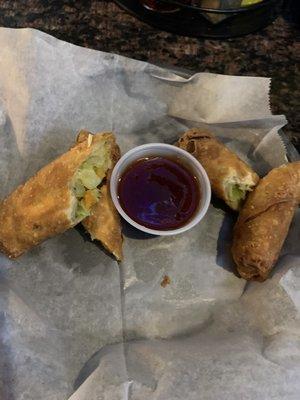 Egg rolls with sweet chili sauce.