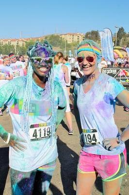 Drenched with color at the after run party.  We could barely breath and see but fun.