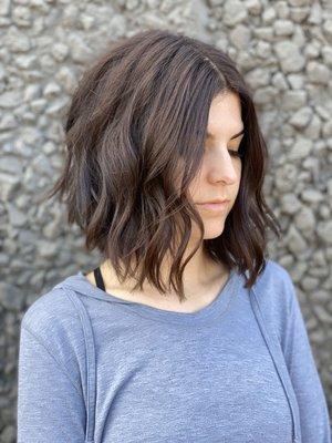 Chocolate color and long bob cut by Analee