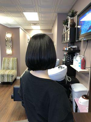 Here's a haircut and blow dry .Her hair was very long so she decided to try something different. She went for the bob look.