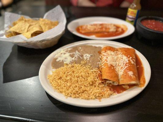 Two enchiladas and beans and rice. Very good.