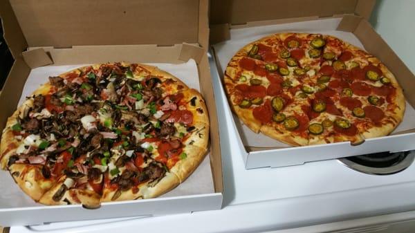 The Works and Pepperoni and Jalapeño, solid pizza, fresh toppings and a great crust!