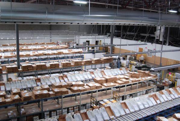 An overhead look at Skymail's sorting machines.