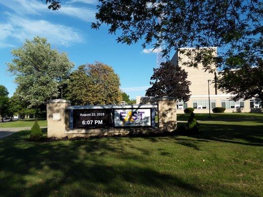 Sign in front of main entrance on East Main Street