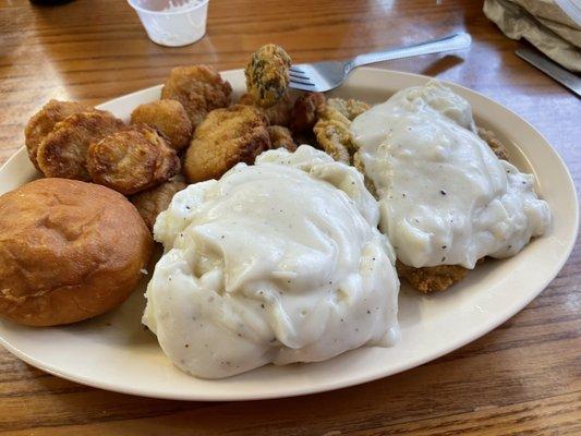 Country fried steak, mashed potatoes and fried squash!