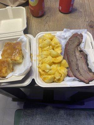 Brisket platter with Mac and cheese, side of cornbread