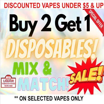 Disposable Vapes under $5 and buy 2 get one Free on  Selected Brands!!