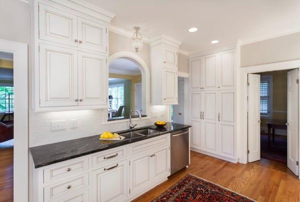 Award-winning Kitchen remodel in Charlotte, NC historic Eastover neighborhood.  Inset cabinet doors and exposed hinges.