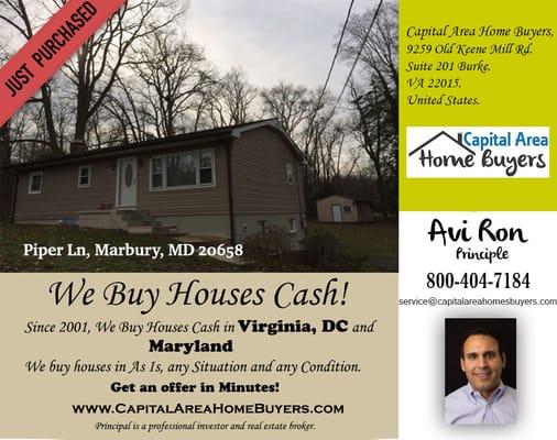 We Recently Purchased Property in  Piper-Ln,-Marbury,-MD-20658
  Contact us to sell your house for cash. Call Now: 800-404-7184