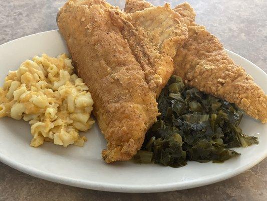 During your lunch break or for your dinner grab our southern fried whiting finish with two homemade sides of your choice .