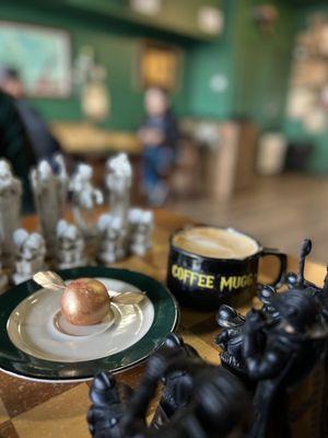 Butter Beer Latte and Golden Snitch cake ball.