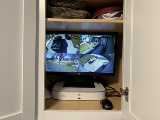 For camera security system after installation NVR is hidden but conveniently located in a laundry room cabinet.