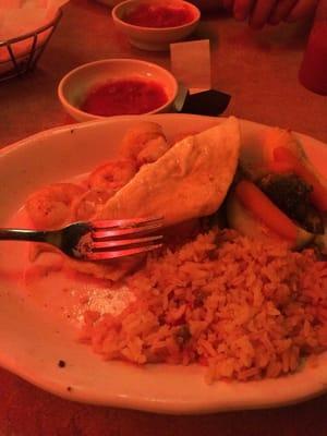 Shrimp quesadilla with rice and mixed veggies