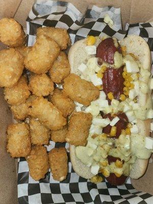 Elote dog with tater tots. More corn, please!