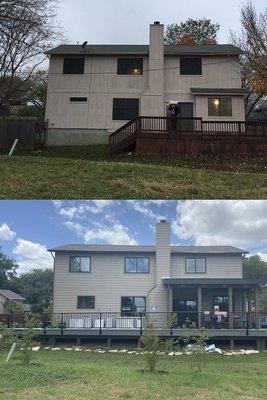 Elevated elegance: A two-story renewal featuring new Hardie siding, windows,  and an inviting wrap-around deck.