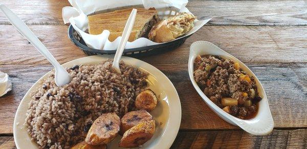 Rice & beans, platanos Maduro, picadillo and cuban sandwich