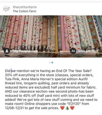 Look - The Cotton Farm is having a year end sale (in person and on line) - 20% off. Come on in, we'd love to see you.