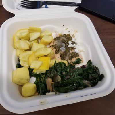 Salmon with capers and with kale and squash.