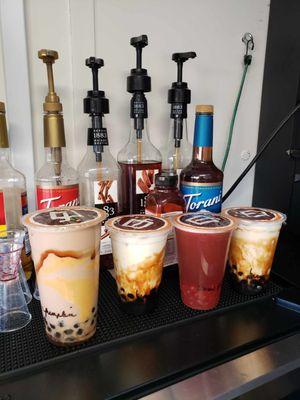 Boba Fall Special: Pumpkin Spice Chai Boba, Brown Sugar Boba, Strawberry Refresher with Strawberry Popping Boba, Brown Sugar Boba