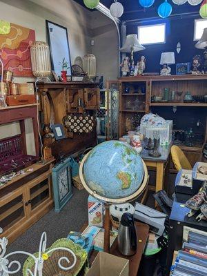 Antique globe on stand, DVD's