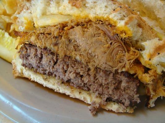 California Burger - beef patty with shredded pork and a pineapple ring