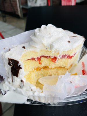 Tres leches with strawberries and peaches