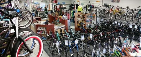 Large selection of 27.5" and 29" MTN bikes, hybrid bikes and apparel.