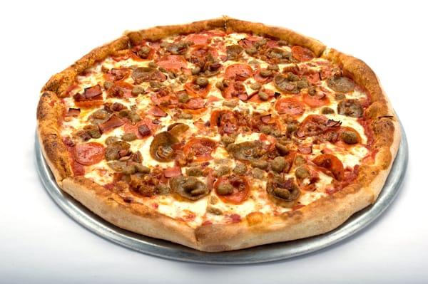 A mouthwatering meat lovers pizza with a generous amount of cheese from Genova's To Go.