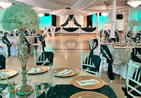 Hunter Green and Gold Quinceañera Decoration at Crystal Reception Hall.