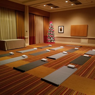 Yoga inside at the Hyatt, always somewhere we can practice class!