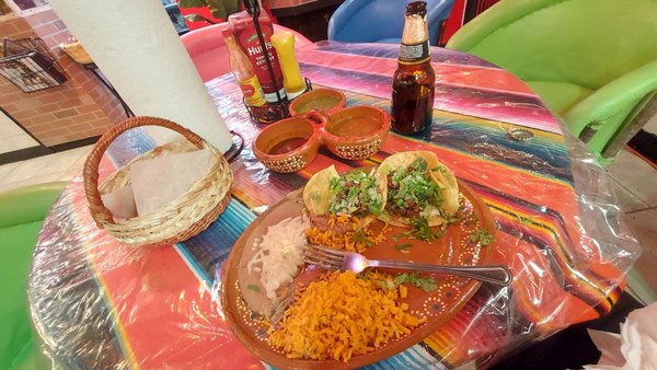 3 Taco dinner (pibil not pictured, already eaten), comp chips & salsa, Modelo Negro